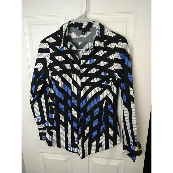 Worthington Woman 6 Blouse Collared Button Blue White Black Professional... - Picture 2 of 9